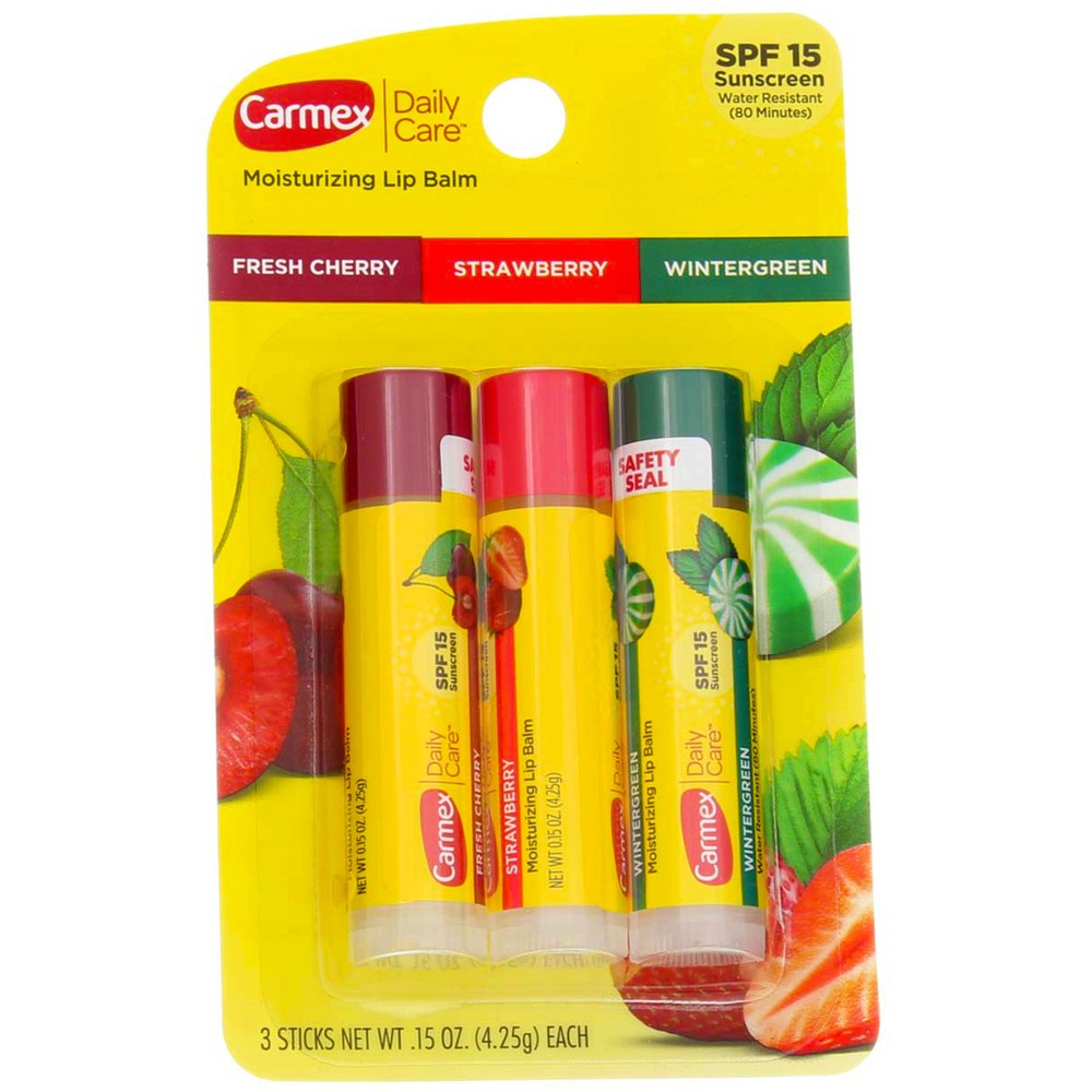 Carmex Daily Care Moisturizing Lip Balm Stick in Cherry Strawberry Wintergreen Flavors