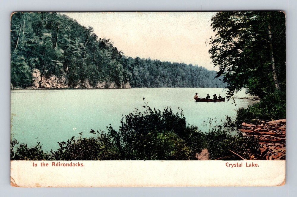 Vintage Postcard of Men Canoeing on Crystal Lake in Adirondack Mountains NY