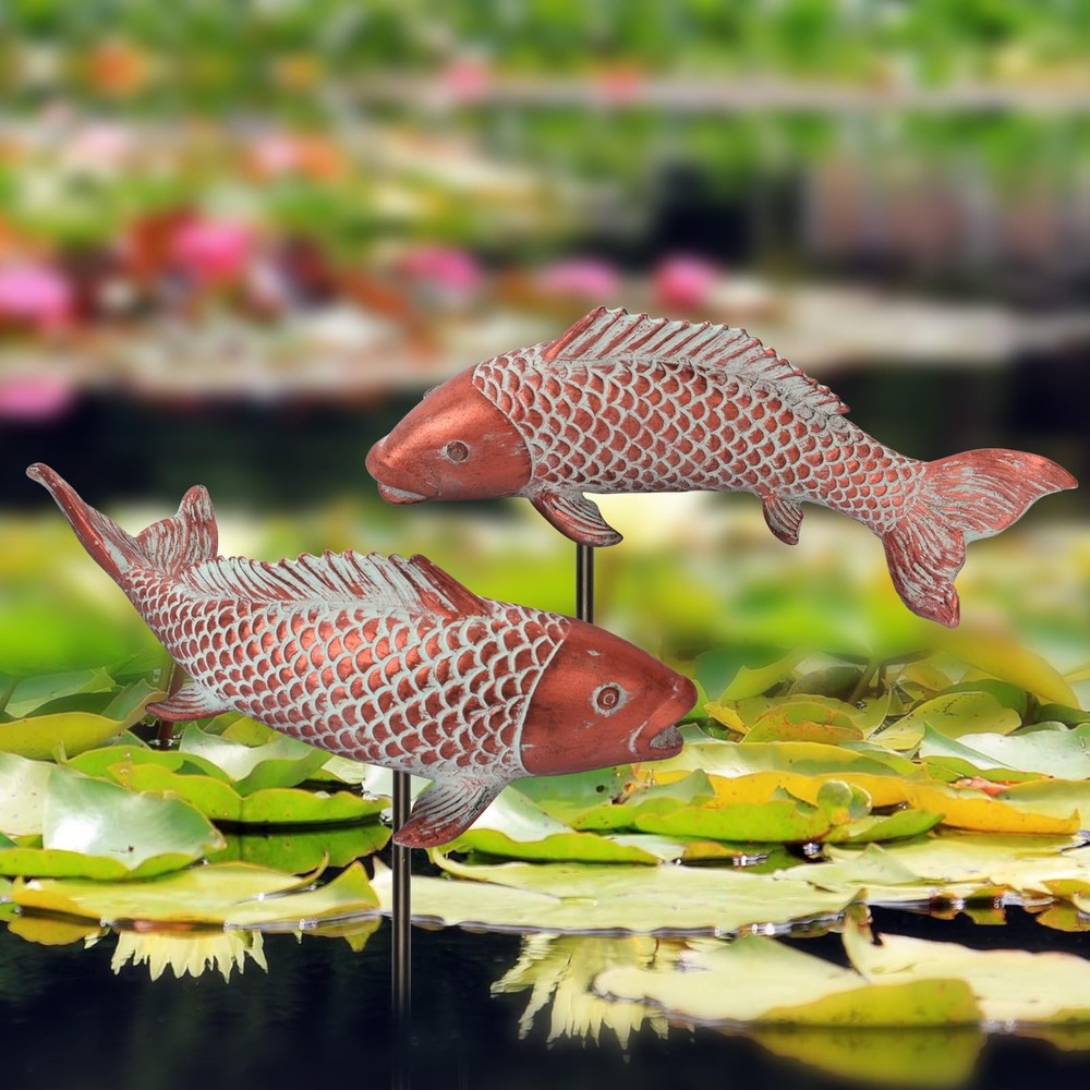 Antique Copper Koi Fish Statues for Garden Pond or Lawn Decor 2pcs