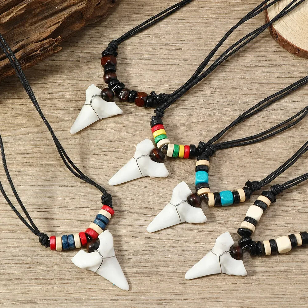 Shark Tooth Shape Wax Thread Pendant Necklace Unisex Surfer Jewelry Adjustable