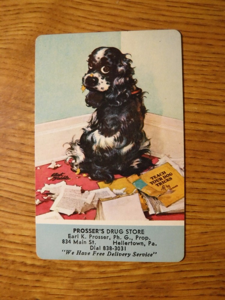 MID 1900'S VINTAGE PLAYING CARD SWAP COUPON BUTCH DOG SITTING IN CORNER-image