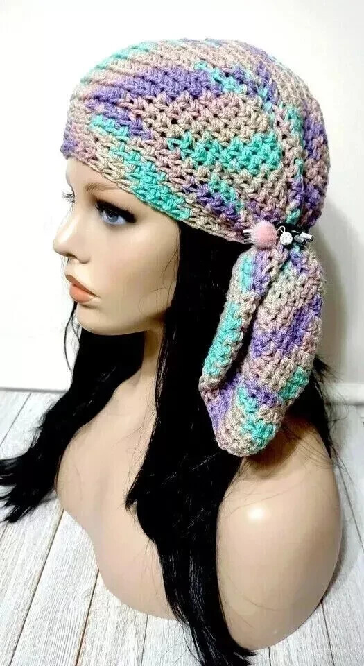 crochet womans handmade boho gypsy hat beanie chemo cancer ombre USA made