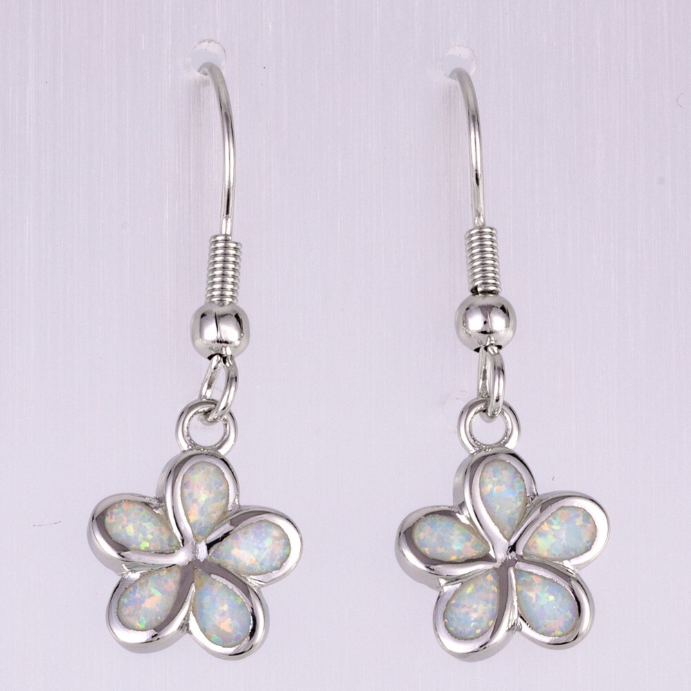 Plumeria White Fire Opal Silver Jewelry Dangle Drop Earrings