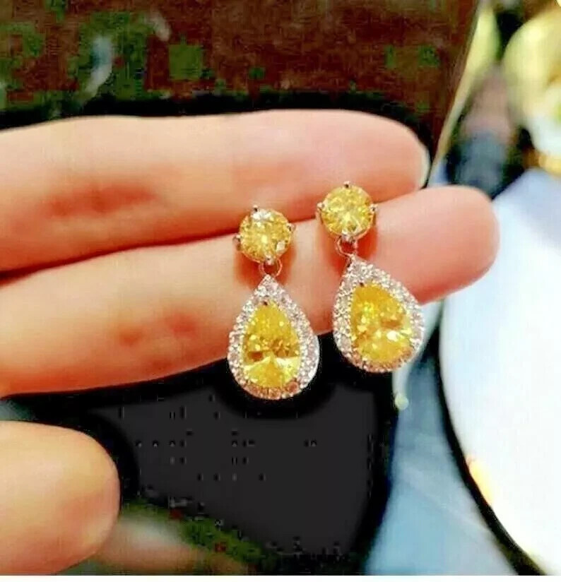 4Ct Lab-Created Yellow Citrine Pear Dangle Earrings 14K White Gold Over