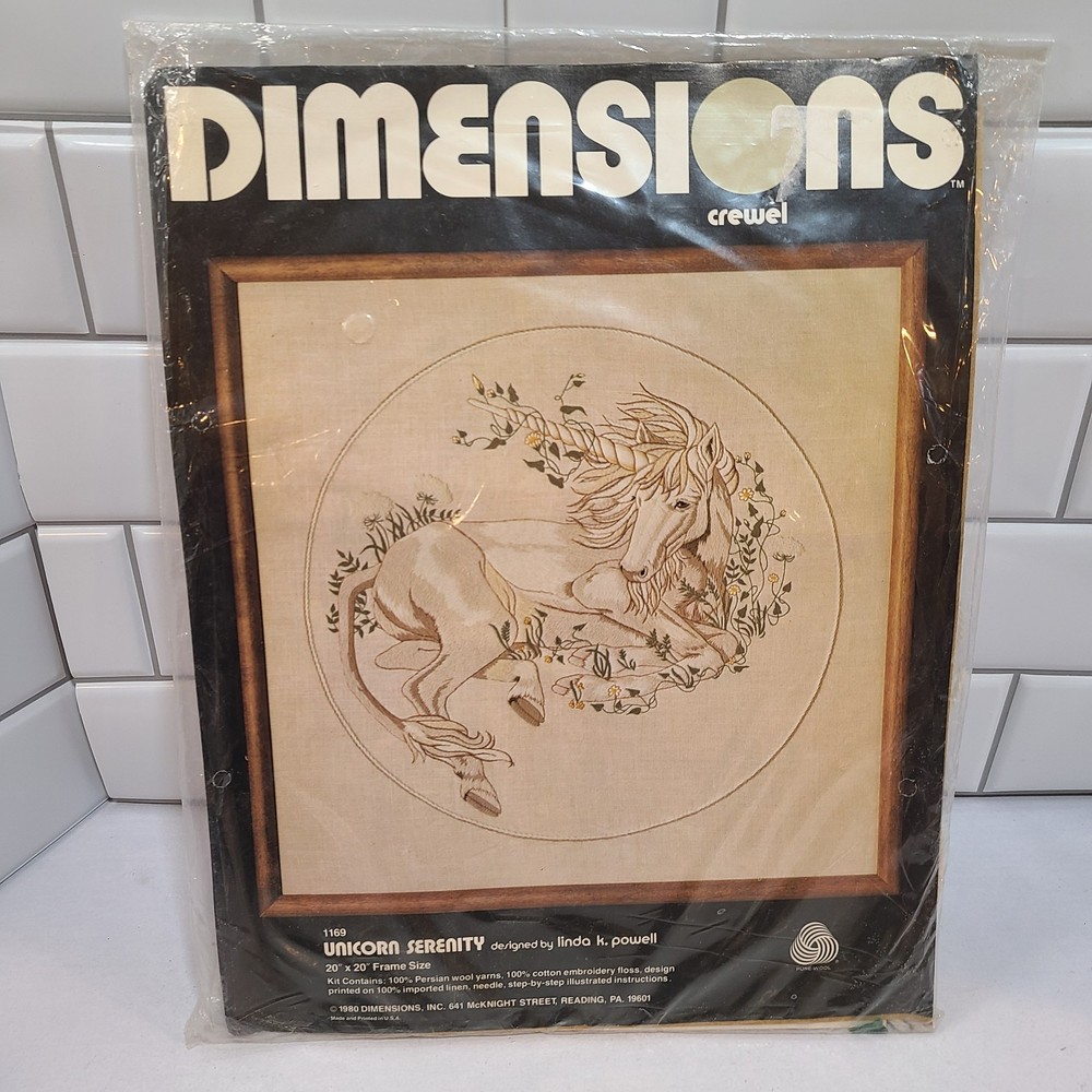 Dimensions Crewel 1169 Unicorn Serenity Embroidery Art Kit Linda Powell 1980 New