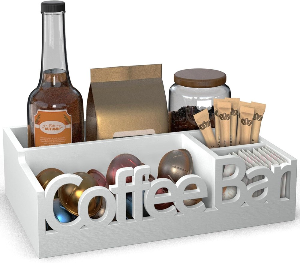 Coffee Bar Organizer for Countertop - Wood Pods Holder Small, White