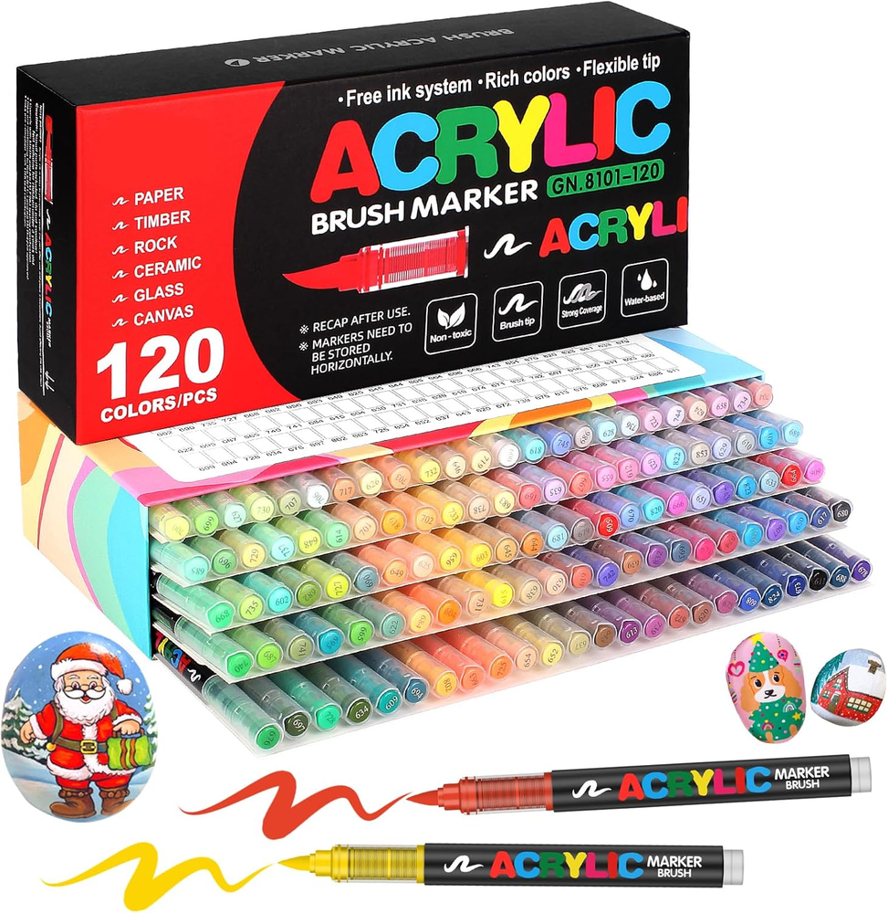 120-Color Acrylic Paint Markers with Soft Brush Tip for Art, Crafts & DIY Projects