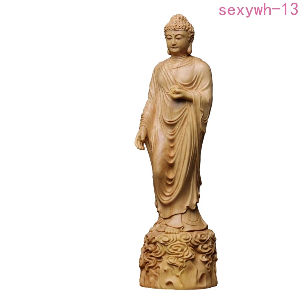 Solid Wood Carved Amitabha Buddha Statue Handmade Decor Sculpture Craft