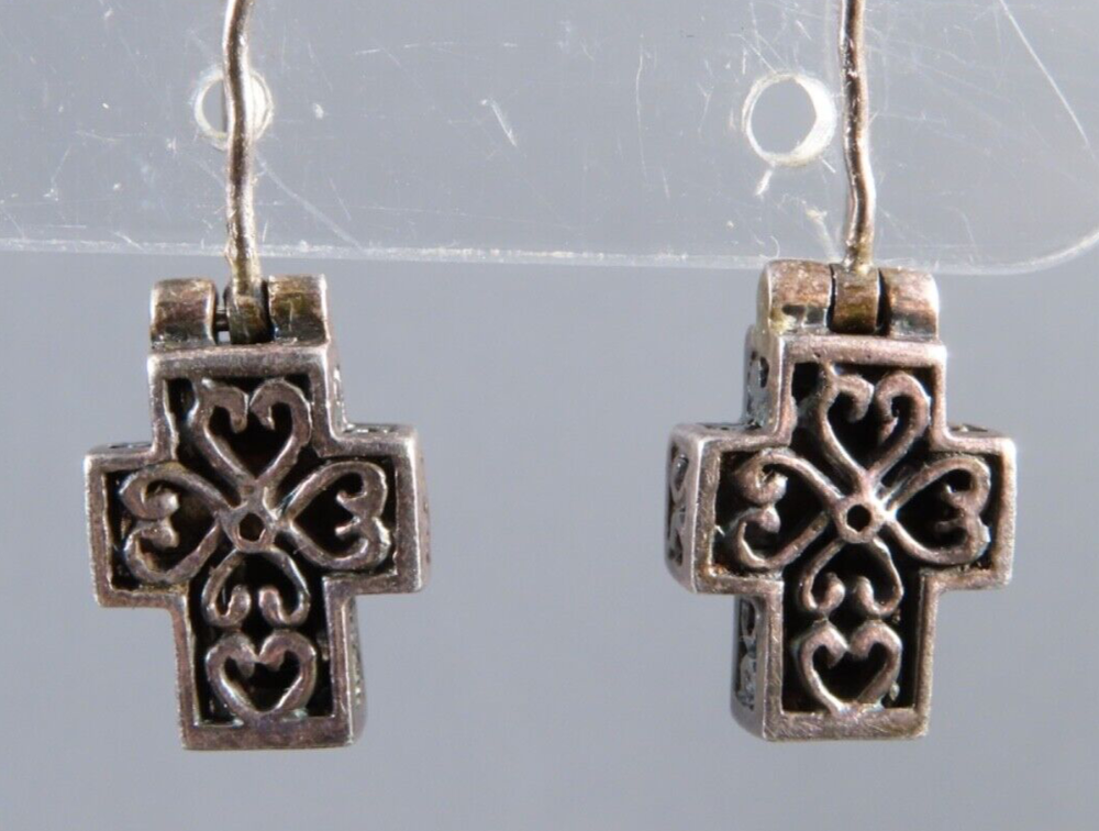 Vintage STERLING SILVER Dangle Earrings SCROLL FILIGREE CROSS Block Style