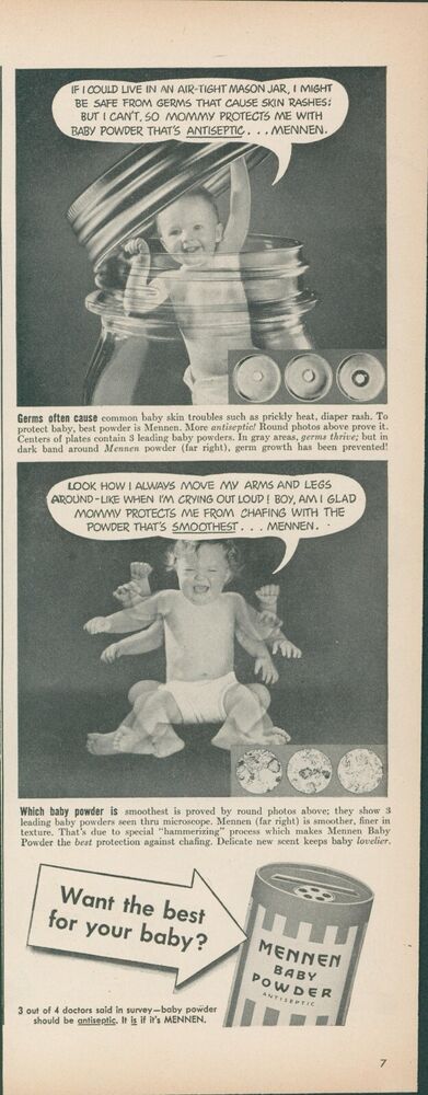 1944 Mennen Baby Powder Mason Jar Protect Germs Antiseptic Vintage Print Ad L19