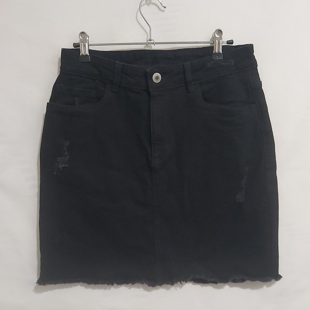 ANKO Size 12 Black Distressed Denim Mini Skirt Cotton Blend NWT