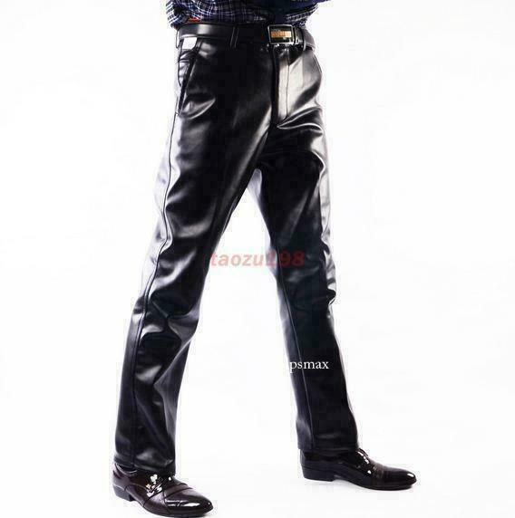 Mens Fur Lined Faux Leather Straight Biker Pants Loose Casual Trousers Sz 29-42