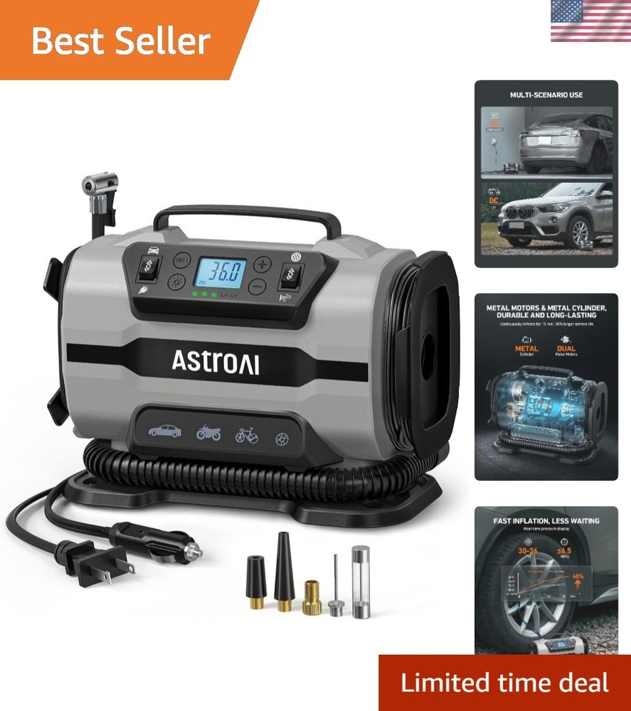 Compact Air Compressor Pump 150PSI with LED Light for Car Tires & Air Mattresses