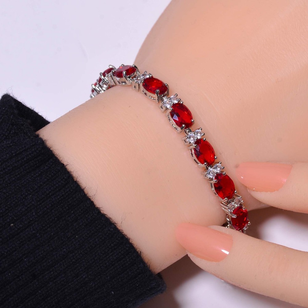 Red Garnet & Cubic Zirconia 925 Sterling Silver Tennis Bracelet 7.99