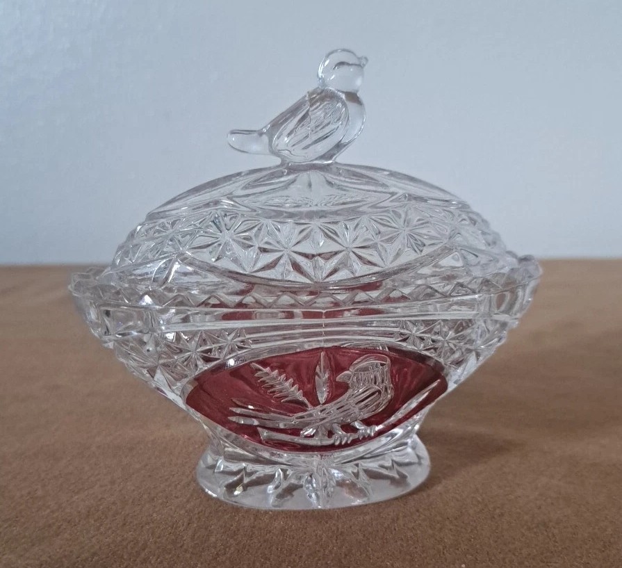 Glass Bird Dish Trinket Vintage Ruby Byrdes