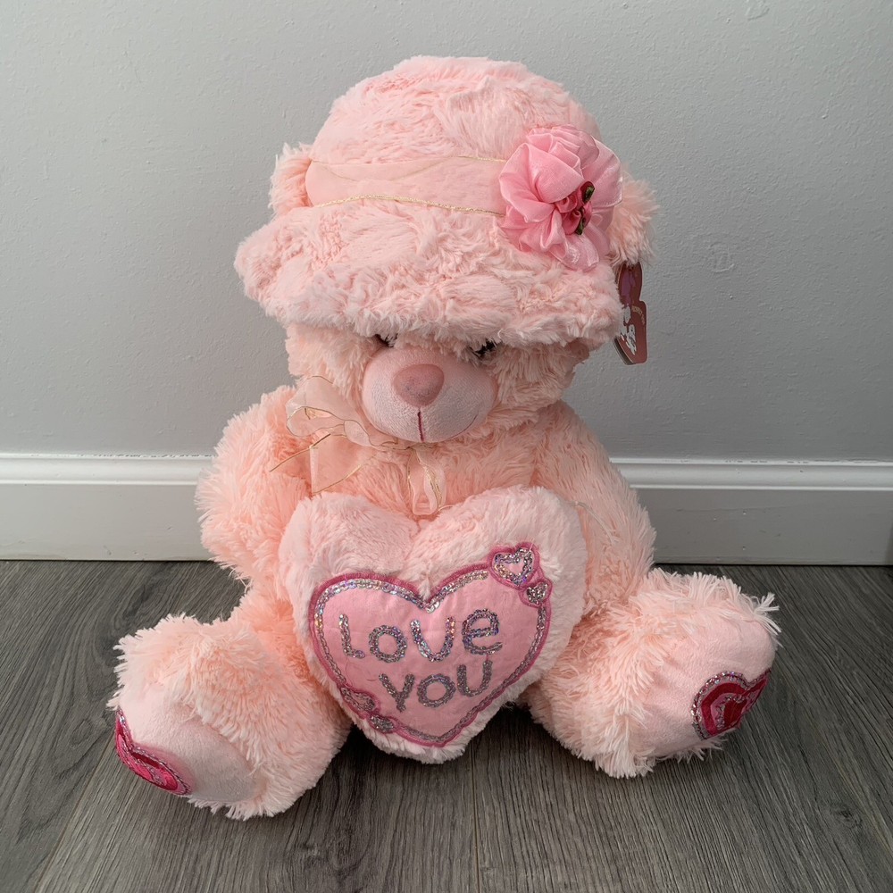 “Love You” Valentine’s Day Pink 15” Plush Bear with Flower Hat