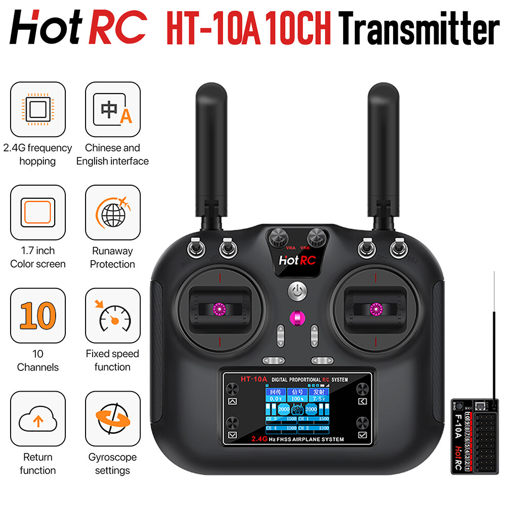 HOTRC HT-10A RC Transmitter 10CH and Receiver For RC Airplanes Boats Car Drones
