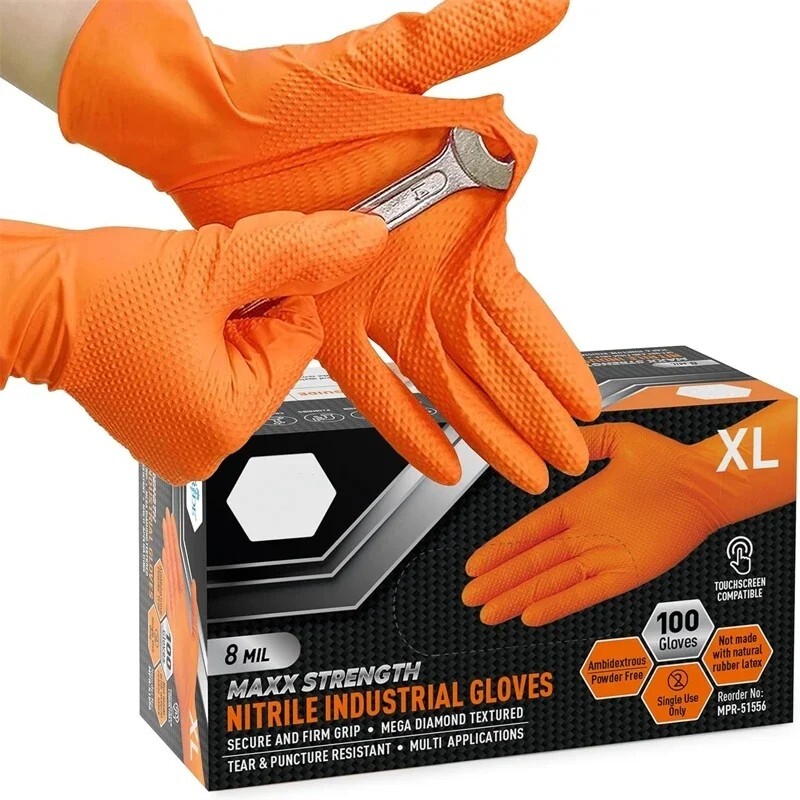 Heavy Duty 8Mil Nitrile Gloves for Mechanics – Textured Orange Grip