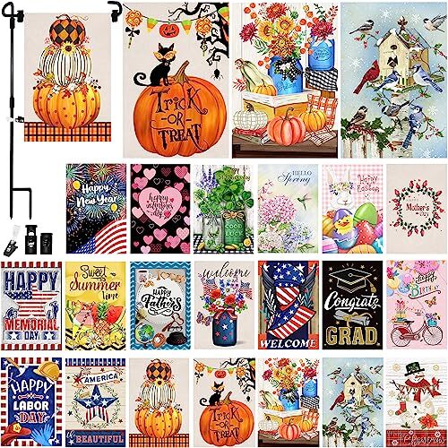 Seasonal Garden Flags Set of 20 and Garden Flag Stand/Pole/Holder of 1,12.5 x...-image