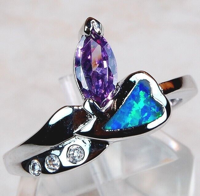 1CT Amethyst & Australian Opal Inlay 925 Sterling Silver Ring Size 8 BA3 Jewelry