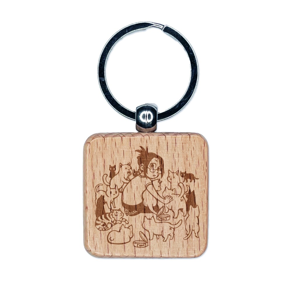 Crazy Cat Lady Engraved Wooden Keychain Charm with Fun Design  