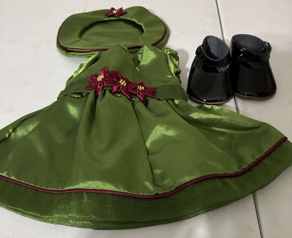 American Girl Bitty Baby Holiday Dress with Green Satin Poinsettia Shoes and Hat