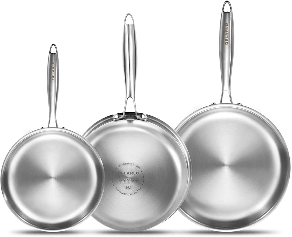 Tri-Ply Stainless Steel Frying Pan Set - 8, 10, 12 Inch Cookware for Professional Kitchens