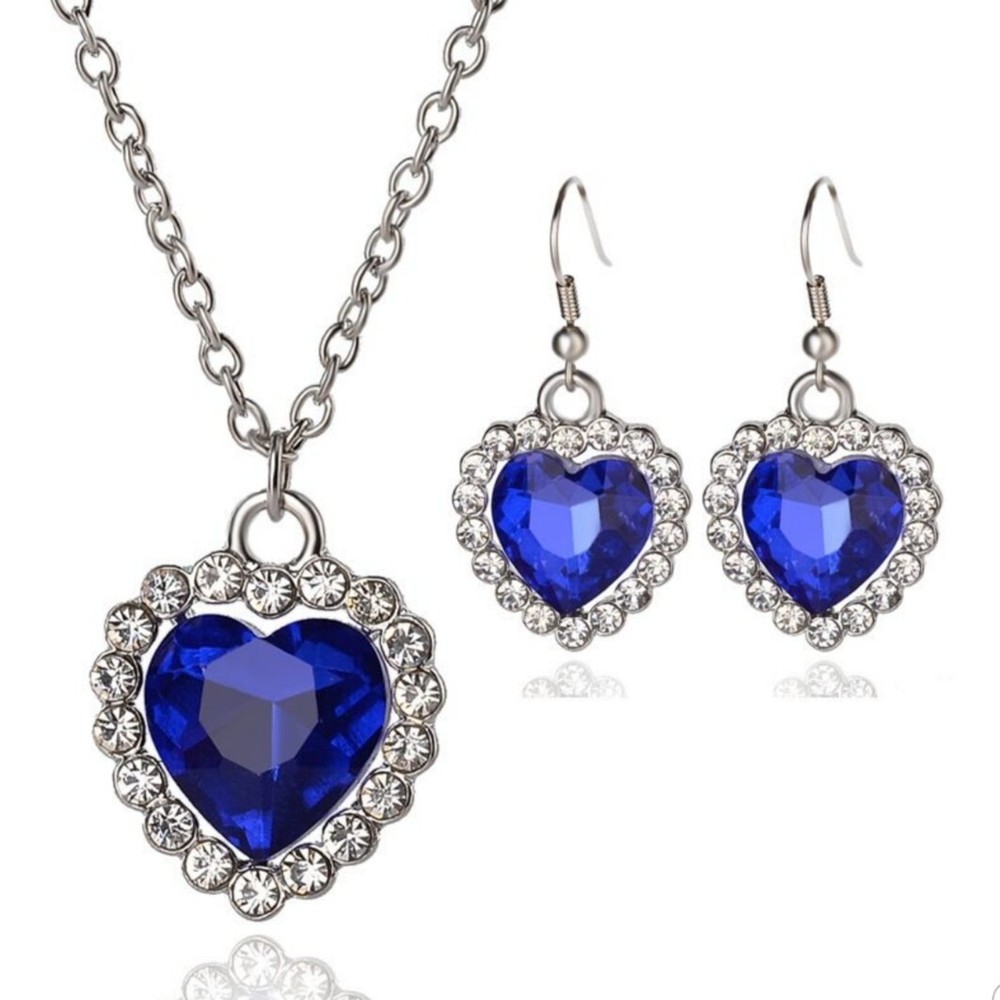 Mothers Day Gift Set Crystal Heart Silver Necklace Earrings Blue Jewelry for Mom  -image