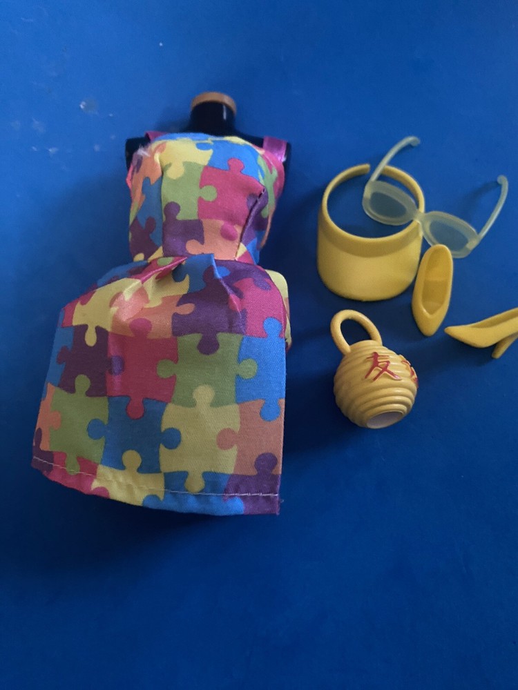 Adorable Barbie multicolored puzzle, piece Sundress , bag, visor glasses Shoes ￼