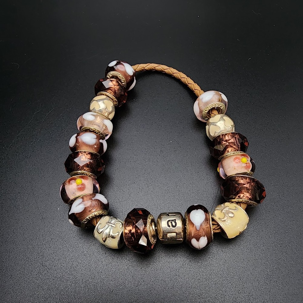 Braided Leather Heart Lamp Crystal Bead Bracelet in Tan and Pink