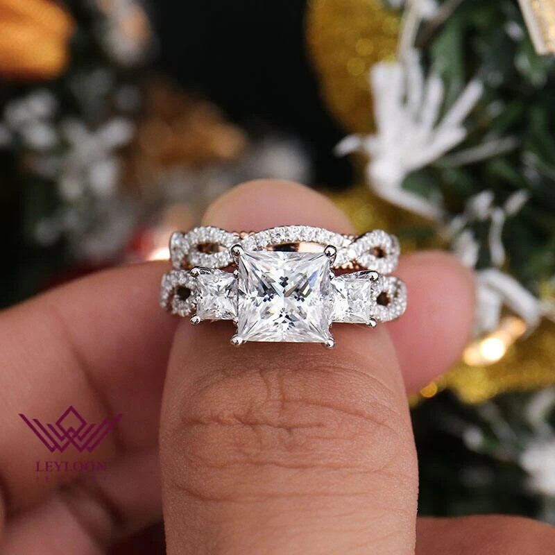 8mm D Colorless Princess Cut 18K Gold Twisted Pave Filigree Milgrain Bridal Set