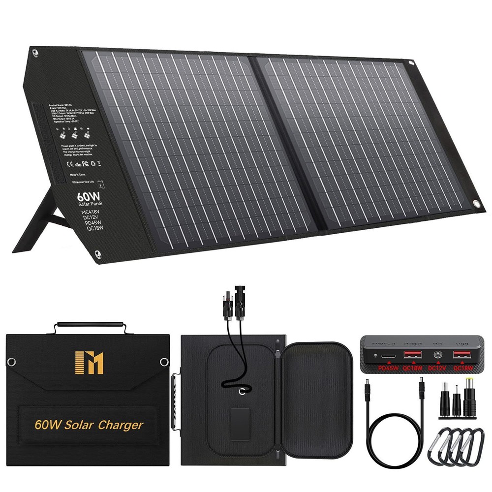 60W Portable Solar Panel, 5 Ports Solar Charger with 18V MC4 Port, DC(12V) / ...