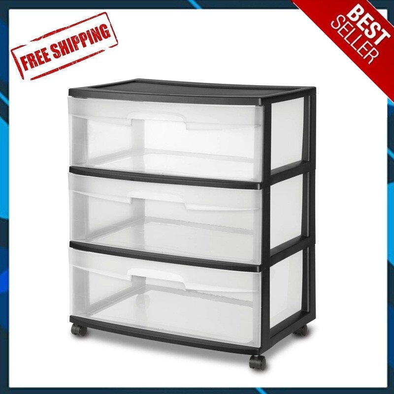 Wide 3-Drawer Rolling Cart Tower Storage Organizer Plastic Black Dorm Room US