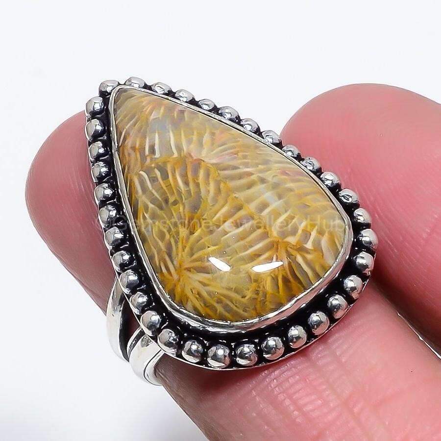 Cyber Monday Deal Fossil Coral Stone Statement Wife Ring Size 7 Sterling Silver-image