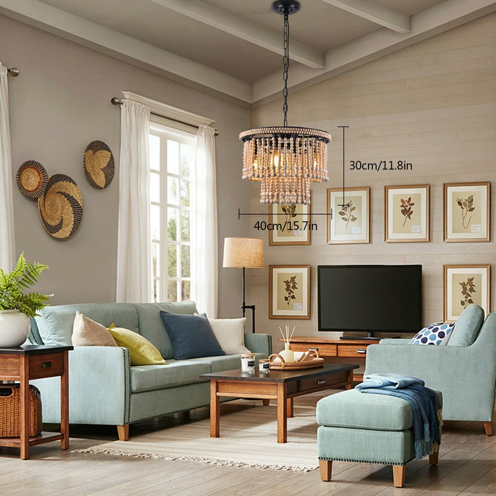 4-Light White Wood Bead Pendant Bohemian Rustic Ceiling Lamp Light Fixtures E12