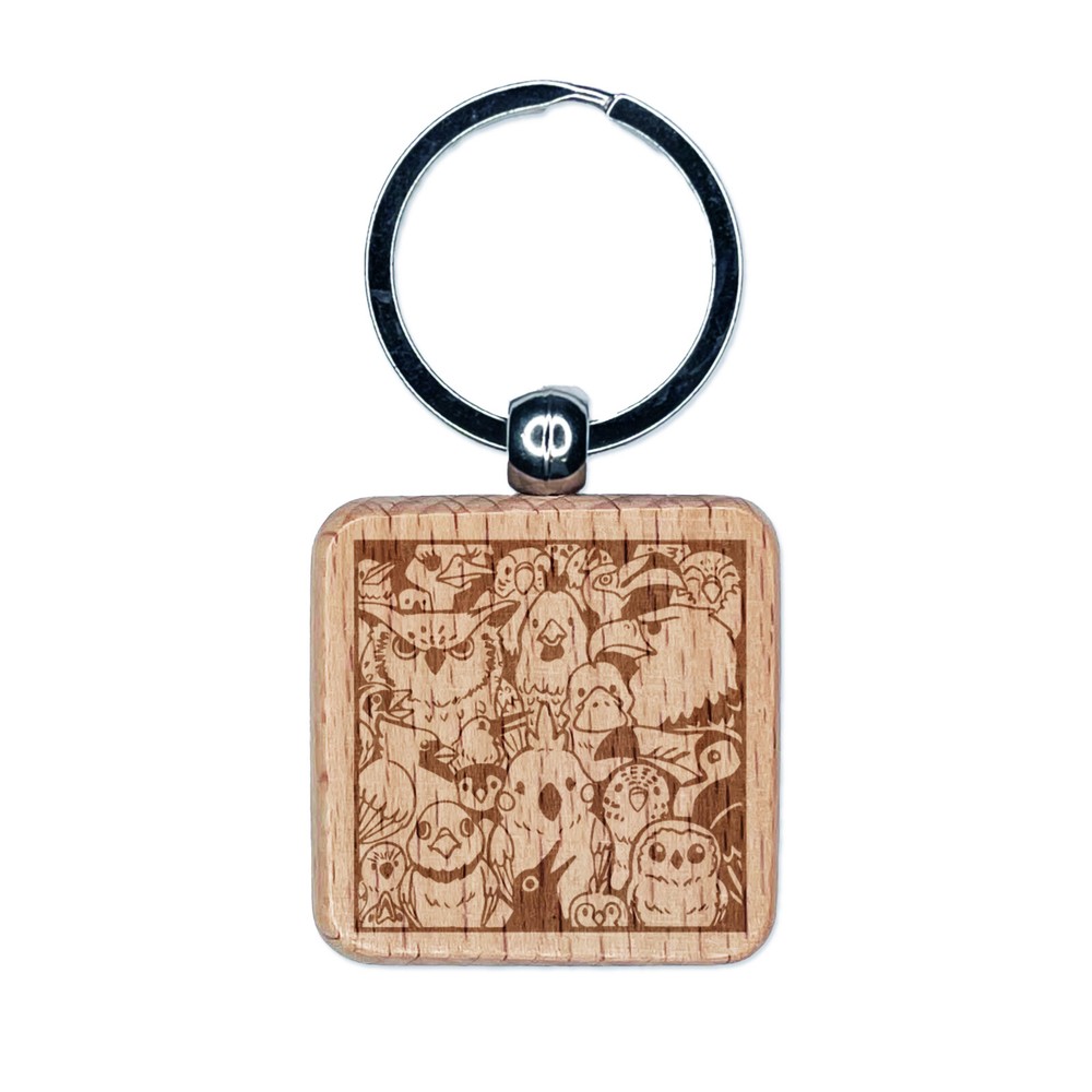 Birds in a Box Engraved Wooden Square Keychain Charm  