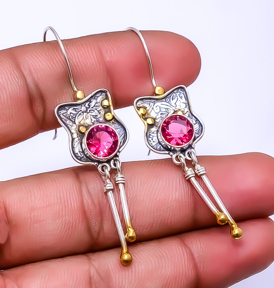 Pink Rubellite Tourmaline 925 Sterling Silver Two Tone Earring 2.34