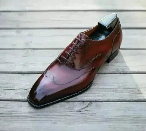 Handmade Brown Wingtip Real Leather Oxford Lace Up Dress Office Shoes For Men