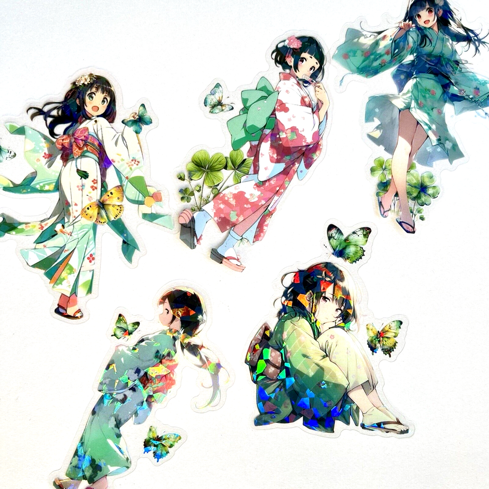 Geisha Girl Stickers Green Holographic Anime Junk Journal Collage
