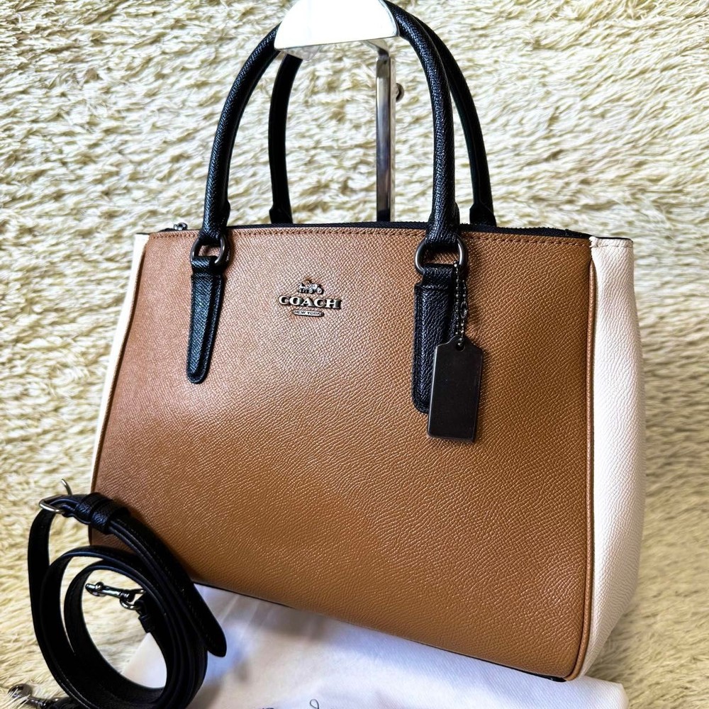 COACH Sally 2-Way Leather Handbag in Bicolor Brown & White - Shoulder & Crossbody Carry