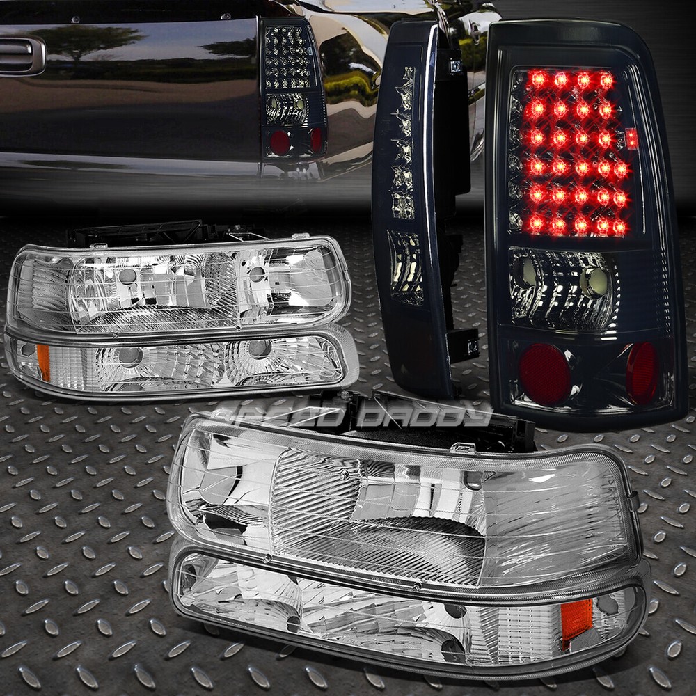 CHROME AMBER HEADLIGHT+SMOKE LENS LED TAIL BRAKE LIGHT FOR 99-02 CHEVY SILVERADO