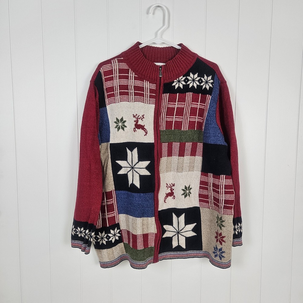 3X Christmas Sweater Red Cj Banks Patchwork Reindeer High Neck Full Zip Up