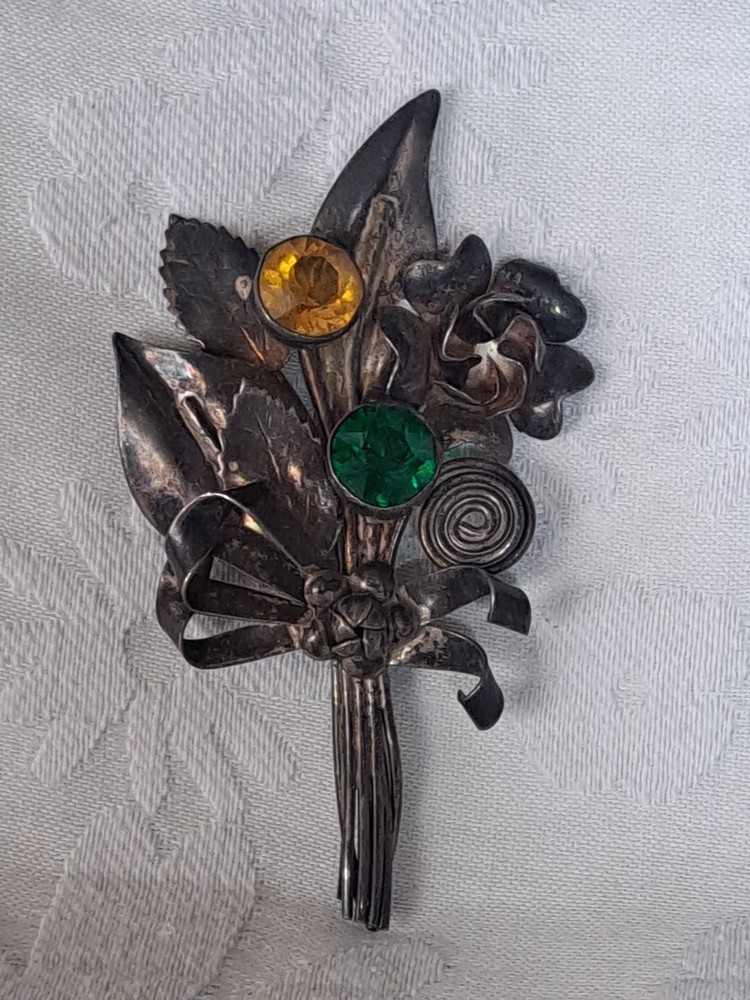 Vintage 1940's Signed Hobe Sterling and Glass Rhinestones Large Brooch