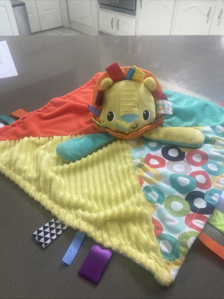 Bright Starts Lion Lovey Plush Security Blanket with Colorful Sensory Tags for Babies