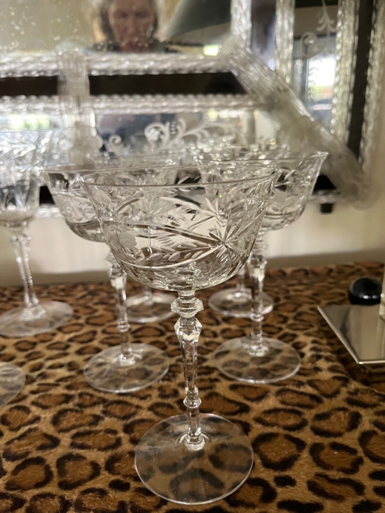5-Piece 7-Inch Crystal Coupe Glasses with Etched Floral Leaf Design