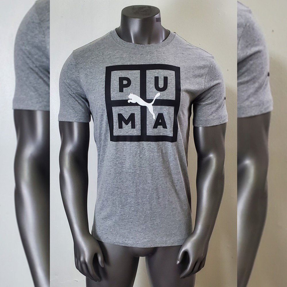 PUMA BLOCKED TEE MEN'S SHORT SLEEVE CREW NECK SQUARE LOGO PRINT SIZE L GREY