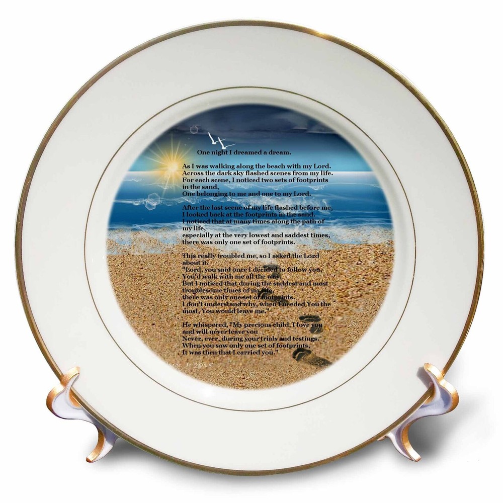 3dRose Footprints in the Sand on Beach with Poem 8 inch Porcelain Plate