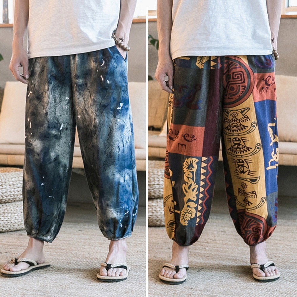 Men Casual Harem Pants Wide Leg Summer Fitness Yoga Dancing Vintage Loose Pants