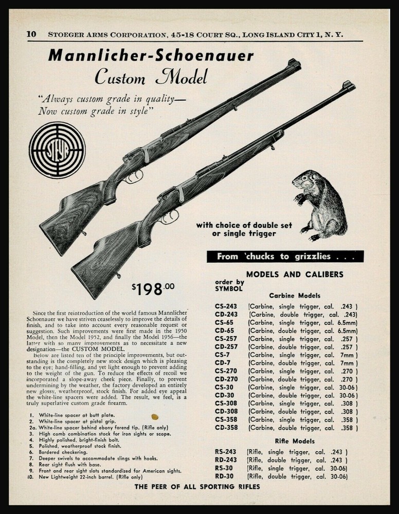 1958 MANNLICHER SCHOENAUER Custom Model Carbine Rifle PRINT AD all model prices