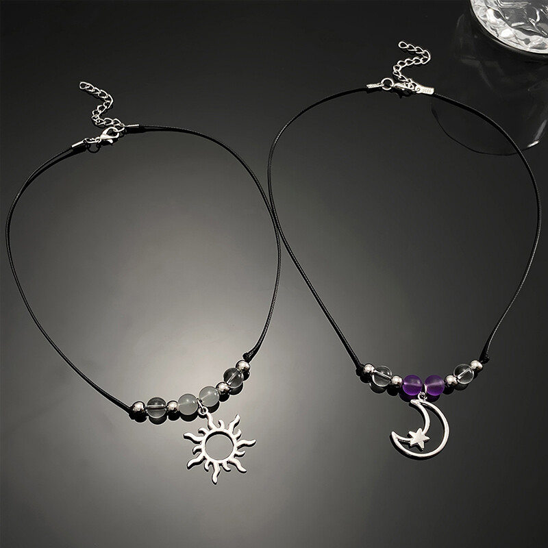 Y2K Silver Color Sun And Moon Necklaces For Lovers Colorful Beaded Necklace